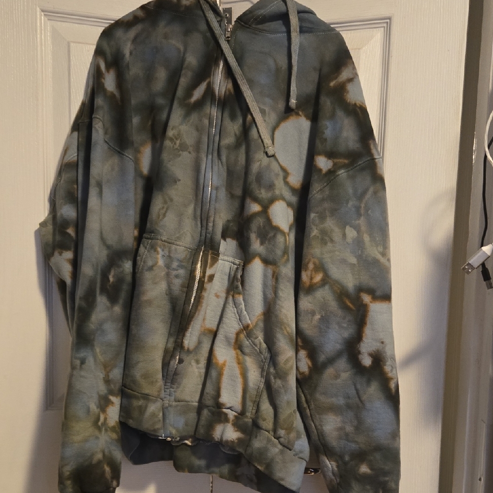 Xl Green Blue Grey Ice Tye Dye Zip Up Hoodie
